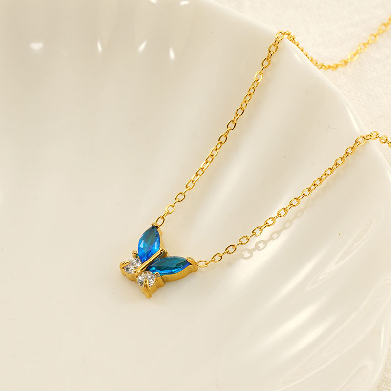 Blue / 1 Piece Simple Series Simple Butterfly Stainless Steel 18K Gold Plated Zircon Women's Pendant Necklaces Picture2